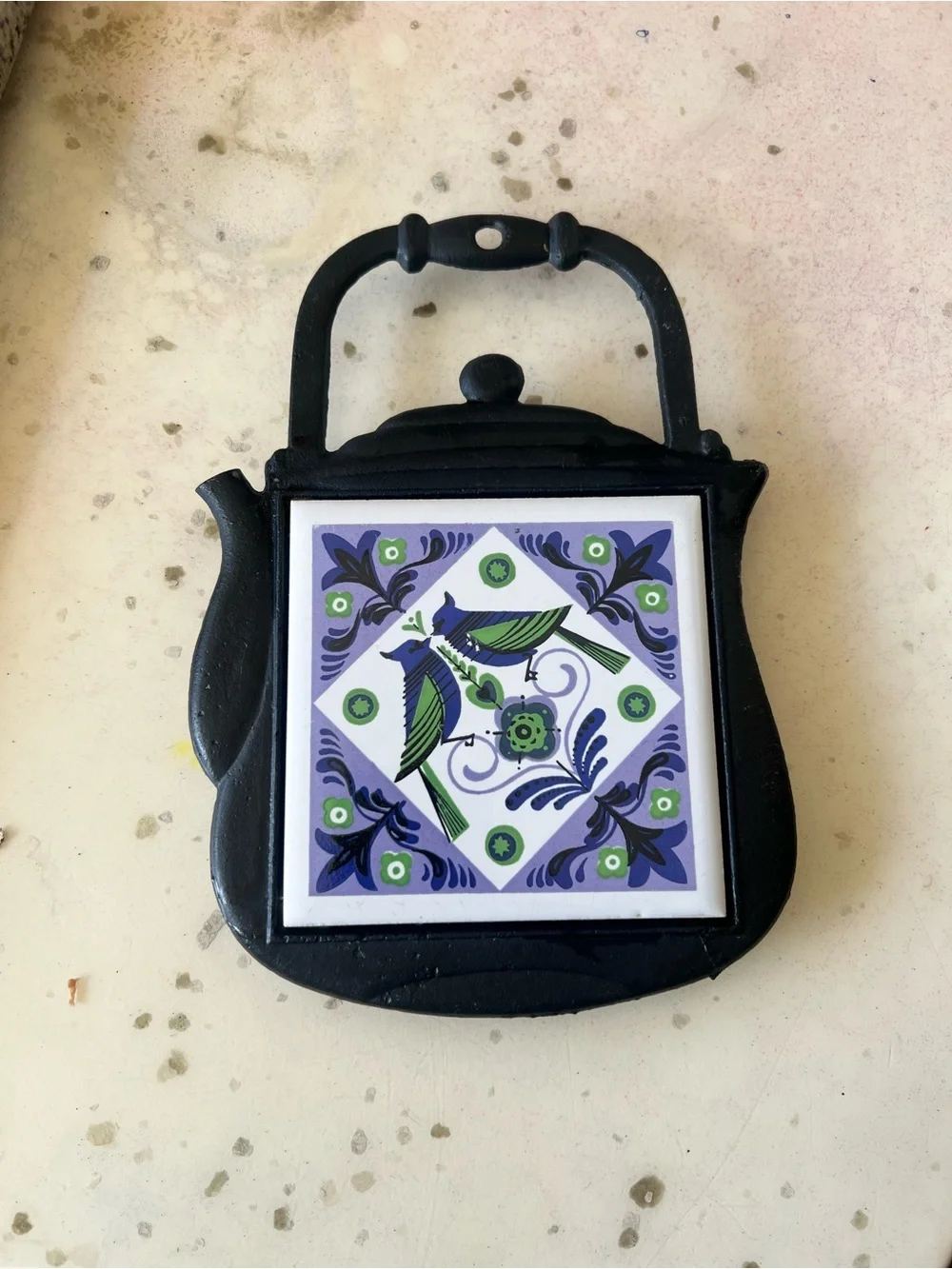 Decorative Black Cast Iron Teapot Trivet with Purple & Green Tile